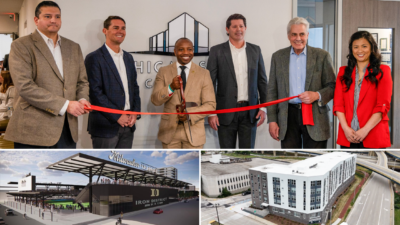 A grid: The grand opening of Michigan Street Commons ribbon cutting - Iron District MKE rendering - Areal view  of Michigan Street Commons